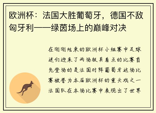 欧洲杯：法国大胜葡萄牙，德国不敌匈牙利——绿茵场上的巅峰对决